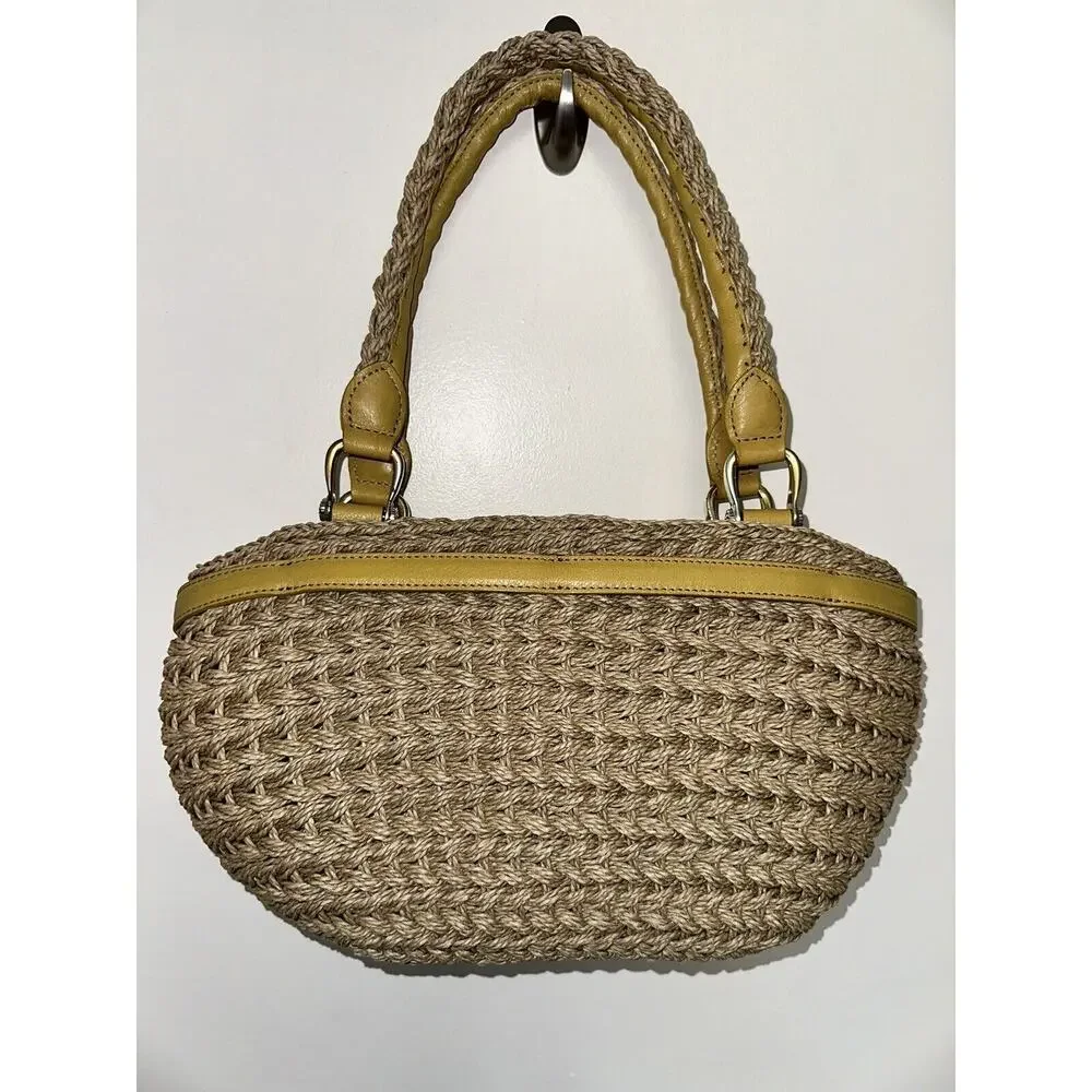 Brighton Straw Yellow Leather‎ Flower Handbag Top Handle Bag Boho Shabby Chic